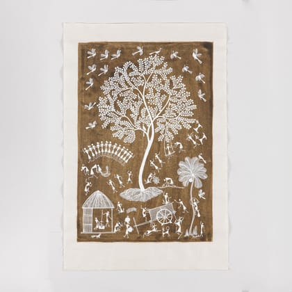 Warli Painting Tree of Life - 15x22 Unframed-Brown / White / Cotton / Mukesh