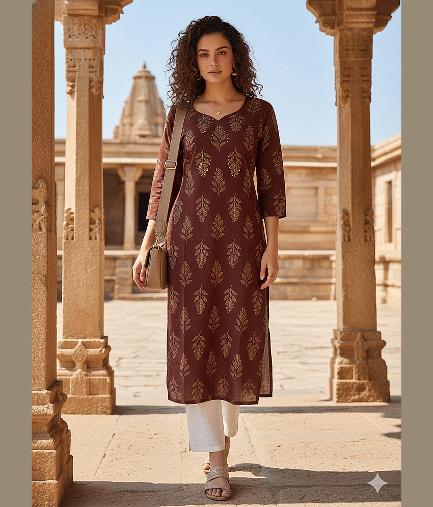 Rajnandini Women Cotton Printed Straight Kurti ( Brown )