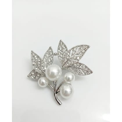 Elegant Leaf and Pearl Embellished Silver-Toned Brooch