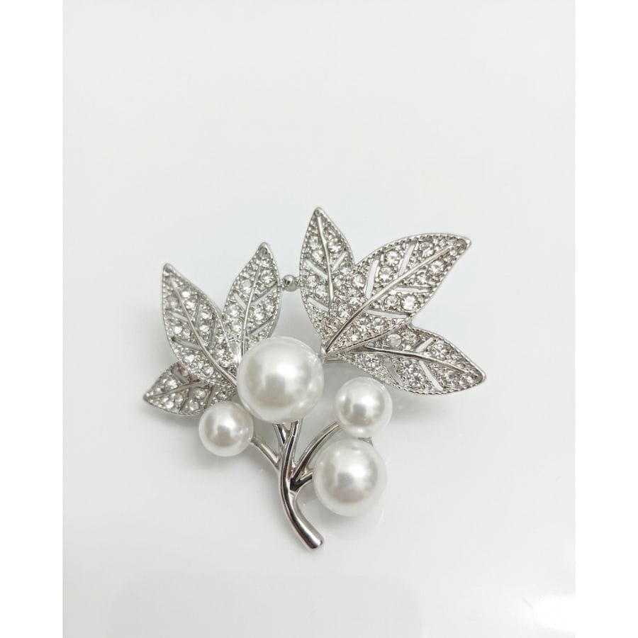 Elegant Leaf and Pearl Embellished Silver-Toned Brooch