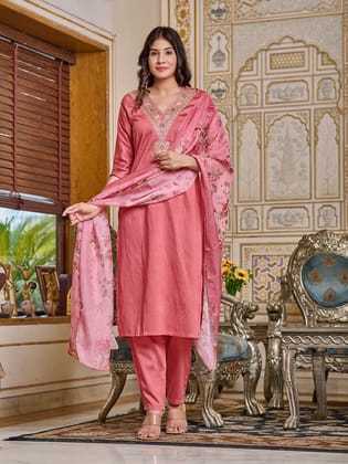 PEACH COTTON EMBROIDERY WORK KURTI PANT WITH FANCY DUPATTA-S