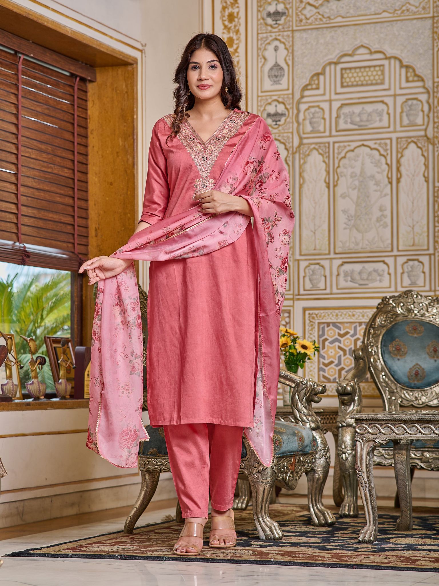 PEACH COTTON EMBROIDERY WORK KURTI PANT WITH FANCY DUPATTA-S