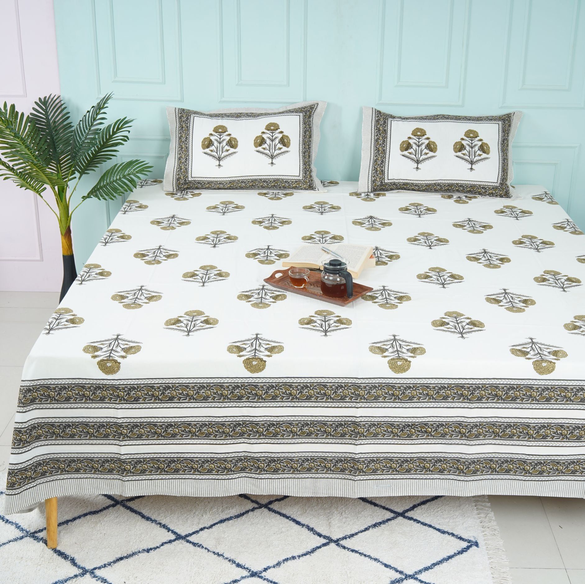 Block Print King Size Bedsheet- Yellow-King 100 x 104 inches