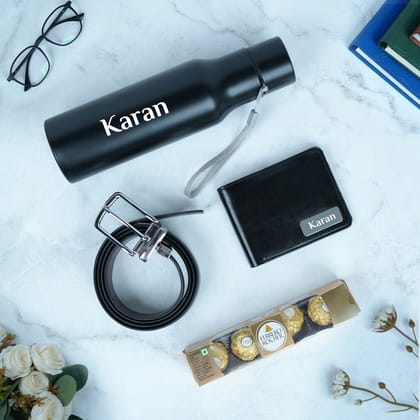 Personalized Gift Set for Him : PU Wallet, Belt, Bottle & Chocolates