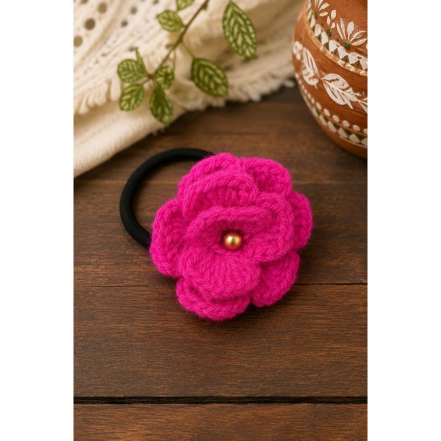 HANDCRAFTED CROCHET FLOWER HAIR TIE- PINK