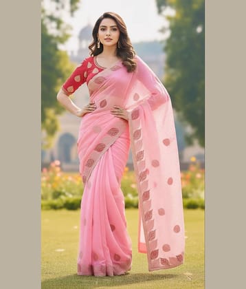 THE PRIVATE LABLE Silk Blend Self Design Regular Saree With Unstitched Blouse Piece ( Pink )