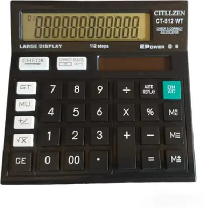 Amigo CT-512 WT 112 Steps Check and Correct Electronic Calculator with 12 Digit Large LCD Display and Acrylic Protected Mirror Buttons for Students and Office use (Black)