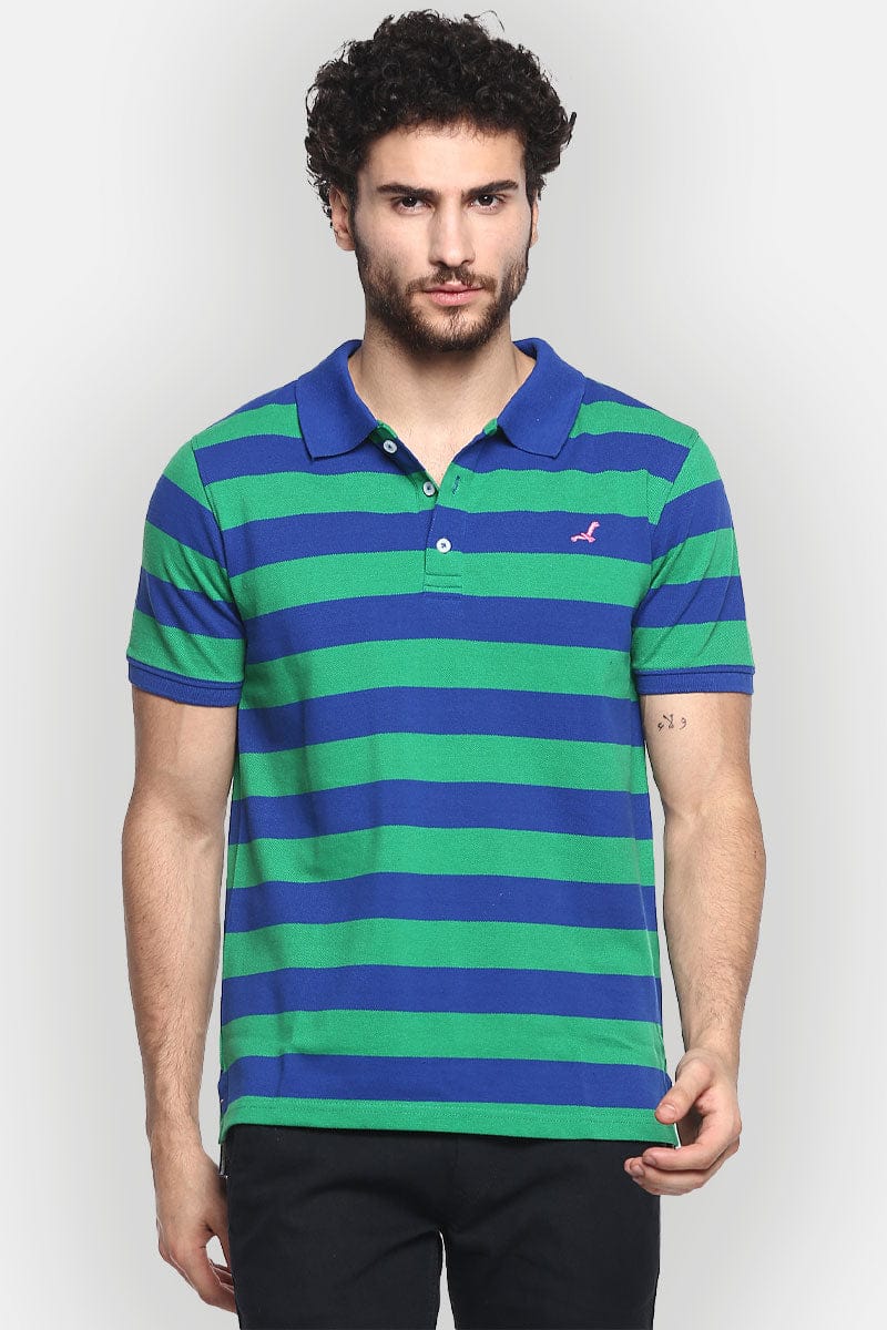 Men's Polo Collar Striped T-Shirt - Green & Blue Yarn Dyed Stripes-Small / Green & Blue