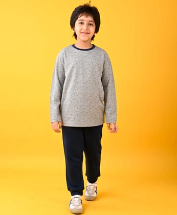 DOTTED GREY LONG SLEEVES T-SHIRT AND NAVY FLEECE JOGGER SET - GREY/NAVY-0-6 MONTHS / 2N / GREY/NAVY