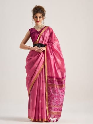 Carnation Pink Patola Handloom Saree With Fancy Blouse