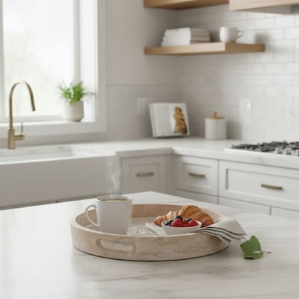 Handicraft Carved Chapati-Offer Tray,Wooden Distressed White Kitchen Decors Tray,Home Living Tray for Hospitality