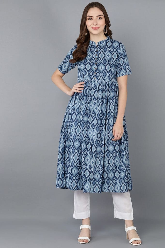 Women Blue Cotton Blend Geometric Printed VCK8590 - Kurtas & Kurta Sets | Buy online on ZillyBuy