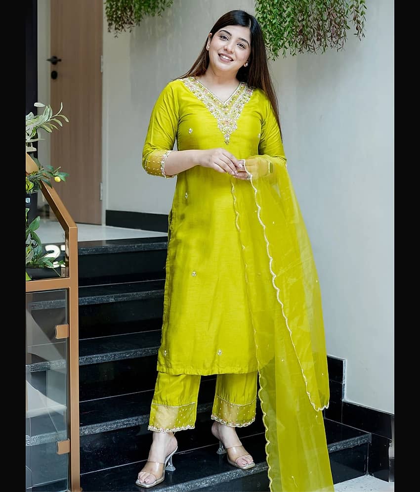 Niza Fashion Women Silk Embroidered Straight Kurti With Pants ( Yellow )