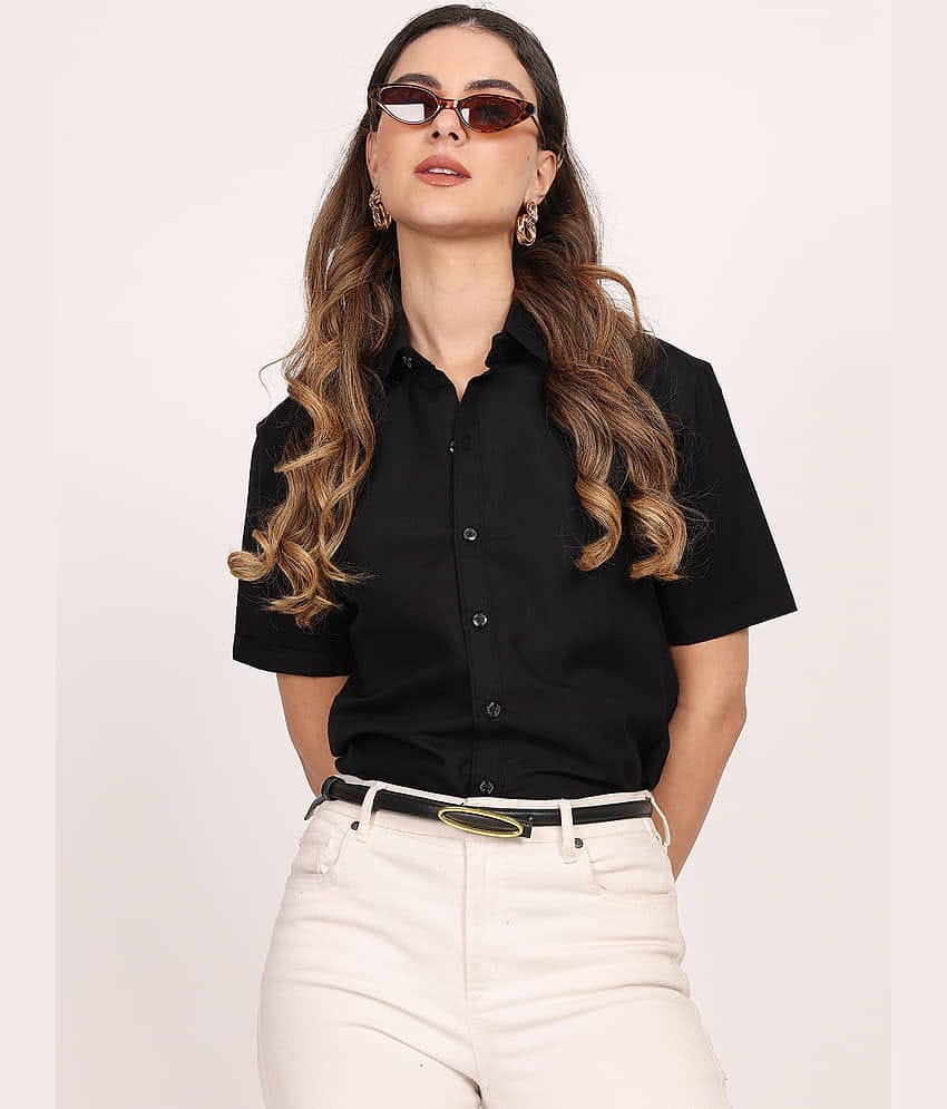 Leotude Women Solid Cotton Blend Shirt ( Black )