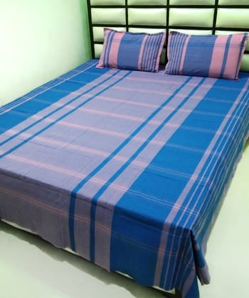 Pink blue handwoven cotton double bed bedsheet