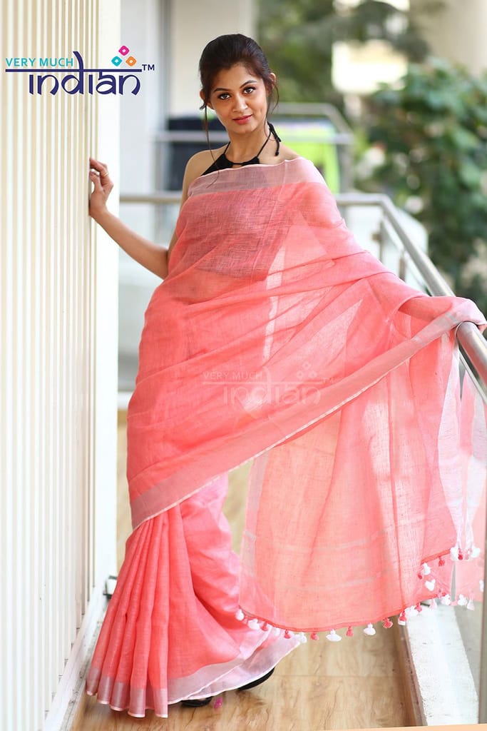 Pure Organic Linen Saree - Peach - Sarees | Buy online on ZillyBuy