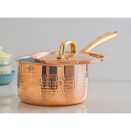 Indian Art Villa, Pure Copper Hammer Long Handle Sauce Pan With Inside Tin Lining And Lid, Copper Cookware & Serveware-1150ML