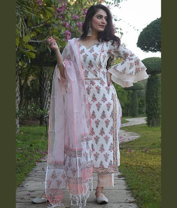 Sidhidata Cotton Blend Printed Kurti With Pants Women's Stitched Salwar Suit - White ( Pack of 1 )