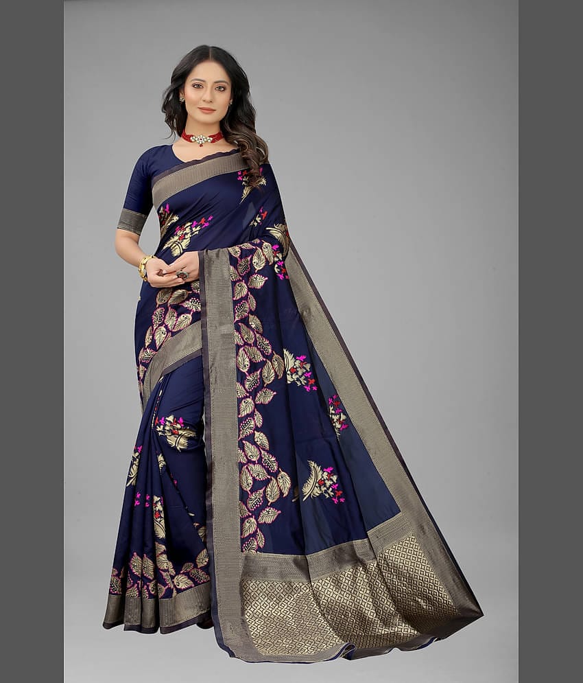 NENCY FASHION Banarasi Silk Self Design Saree With Unstitched Blouse Piece ( Black )