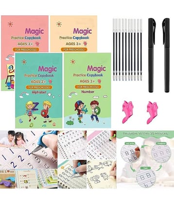 Gatih Sank Magic Practice Copybook, (4 BOOK + 10 REFILL+ 2 Pen +2 Grip) Number Tracing Book for Preschoolers with Pen, Magic Calligraphy Copybook Set Practical Reusable Writing Tool Simple Hand Lettering