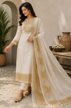 Womens Premium Cotton Blend Embroidered 3-Piece Suit Fabric Set with Dupatta