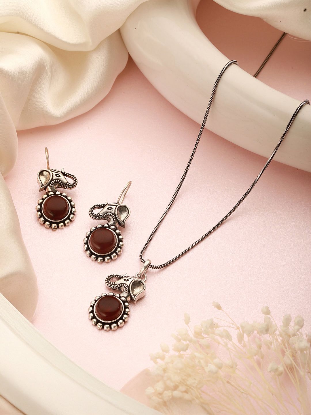 Silver Oxidised Toned Red Ruby Minimal Elephant Motif Fish Hook Earrings Pendant Jewellery Set
