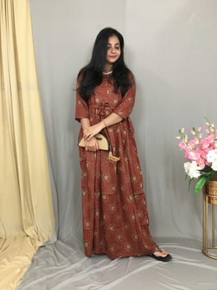 Ajrakh Flower - Maroon - Maternity Kurti with Feeding Zips - Cambric Cotton-44 - 46 ( XXL - 3XL )