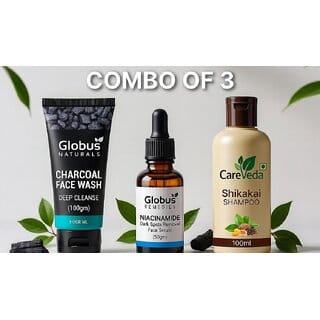 (Combo of 3) CareVeda Ayurvedic Shikakai Shampoo 100ml & Globus Charcoal Face Wash 100g & Globus Niacinamide Face Serum 50ml