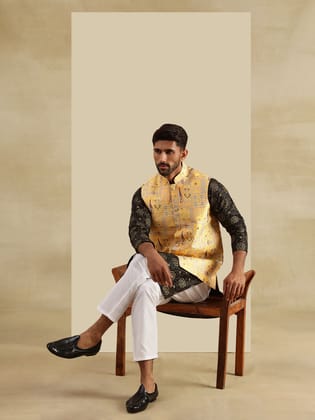 Men's Silk Blend Black Kurta & White Pyjama With Jacquard Silk Yellow Nehru Jacket-36