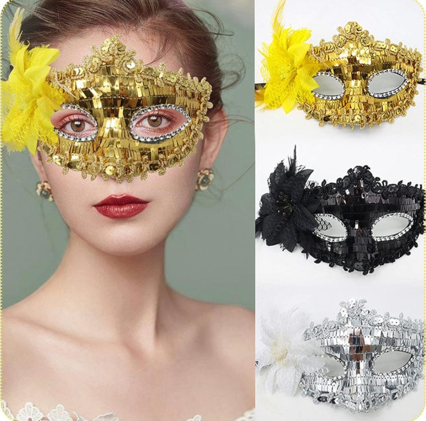 Golden Sequin Mask with Yellow Flower