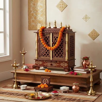 Wooden Painted Brown Pooja Temple Stand For Home