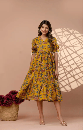 Mustard Yellow 3-Tier Floral Cotton Midi Dress with Puff Sleeves Mustard Yellow 3-Tier Floral Cotton Midi Dress with Puff Sleeves