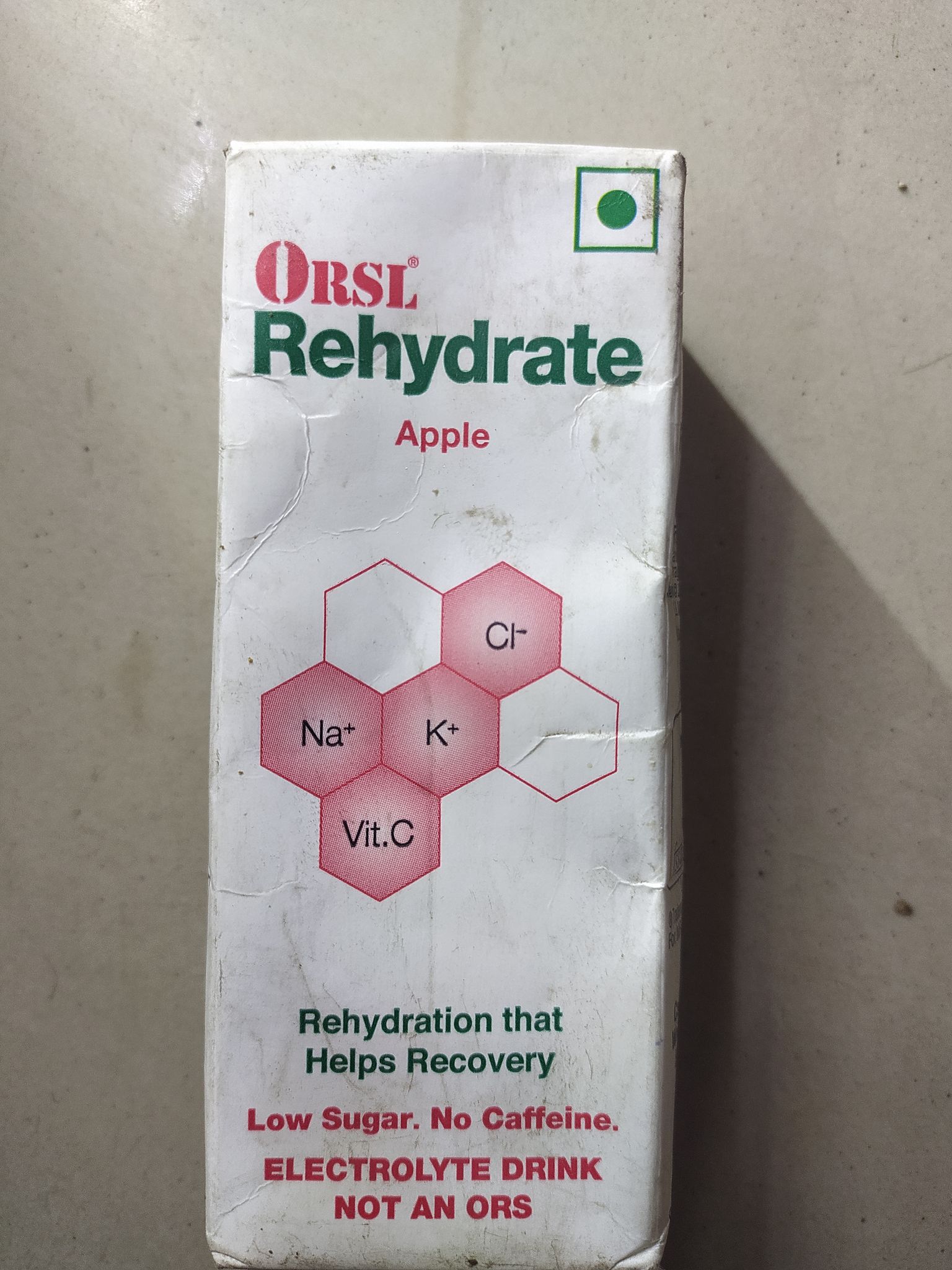 Orsl Rehydrate Apple Na+ Vit.c K+ Cf Rehydration that Low sugar. no caffeine. Electrolyte drink Not an ors 