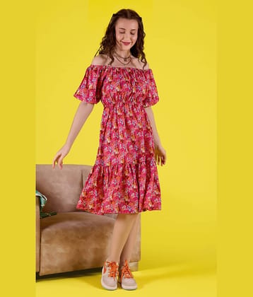 Amarasha Women Cotton Blend Printed Fit & Flare Dress ( Pink )