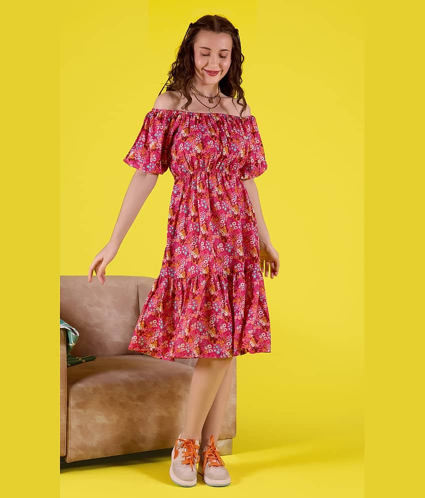 Amarasha Women Cotton Blend Printed Fit & Flare Dress ( Pink )