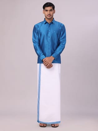 Men's Ramar Blue Dupion Satin Color Shirt with Matching Border Flexi Dhoti Combo Gora Flexi-36 / F/S / Blue