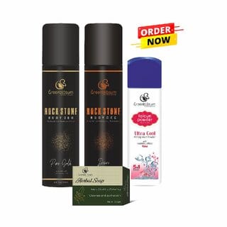 Greenblsum Face  Body Care Combo Pack (4 Items)  Rock stone Pure Gold, Desire Talcum Powder Rose  Herbal Soap