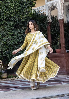 Mustard Cotton Anarkali Kurta Pant Set With Dupatta-M