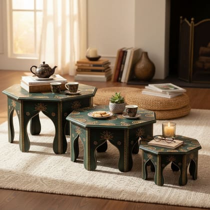Wooden Indian Hand Painted Modern Beautiful Bajot Table Pair of 3