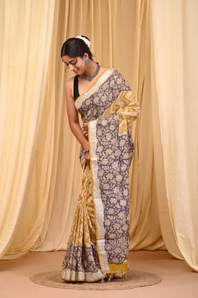 HAND BLOCK PRINTED COTTON LINEN SAREE WITH BLOUSE
