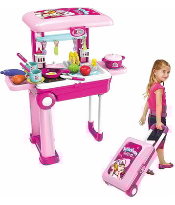 RAINBOW RIDERS 2 in1 Little Chef Trolley Kitchen Set with Music & Light / Foldable Trolley and Carry Chef Set/ Pretend Luggage kitchen Set With Unique Suitcase for 3+ Year Girls/ Unique Trolley Design kitchen set for kids/ Premium Quality Cooking kit .