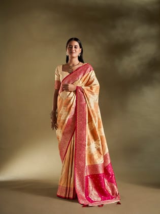 Cream & Orange Pure Soft Silk Woven Designed Banarasi Saree