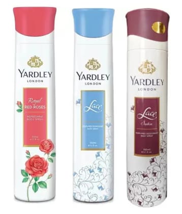 Yardley London Royal Red Rose, Lace and Lace Satin Body Spray Women for Women 150ML Each (Pack of 3) Body Spray - For Women