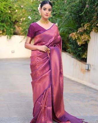 Purple Printed Banarasi Silk Blend Saree for Wedding