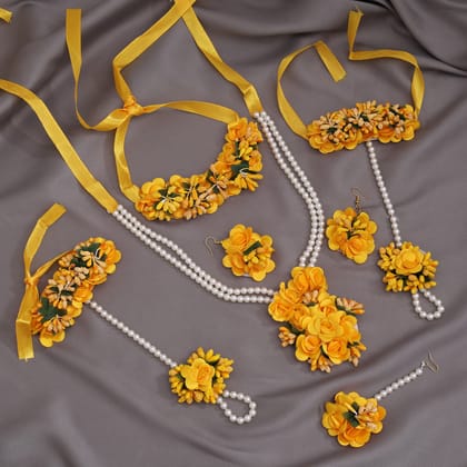 Yellow Color Synthetic Rose Floral Bridal Set (TRN1778YLW)-Adjustable Rope / Yellow / Synthetic