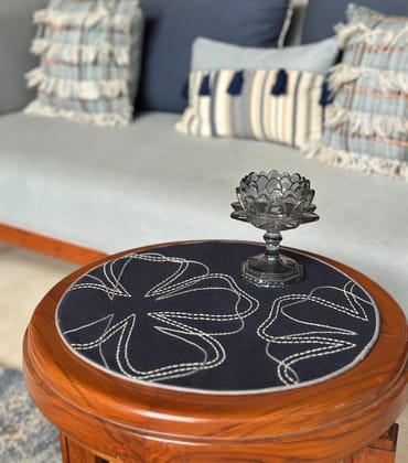 KRI India Bloom Navy Flower Stitch Placemats Set|Single | Navy with grey & ivory embroidery  | 15 inches | Wash & Care | 100% Cotton | Handcrafted in India. 100% organic & natural.