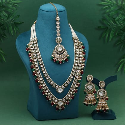 Maroon & Green Color Meena Work Kundan Necklace Set (KN1458MG)-Adjustable Rope / Green / Alloy With Good Quality Gold Plated