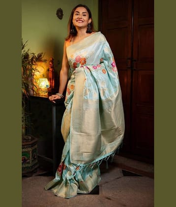 Rameshwaram creative Silk Woven Banarasi saree With Unstitched Blouse Piece ( Sky Blue )