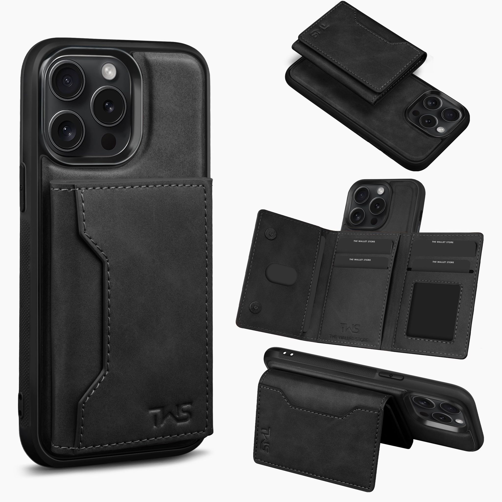 The Wallet Store Premium Leather iPhone Case Cover With Detachable Cardholder - Black - iPhone 14 Pro