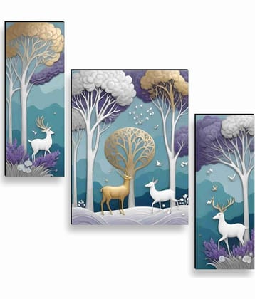 Livin'luxe Golden Deer Forest Wall Art – 3 Panel Luxury Tree & Animal Painting in Purple-Teal Tones for Bedroom & Nature-Themed Home Décor 12 Inch x 20 Inch